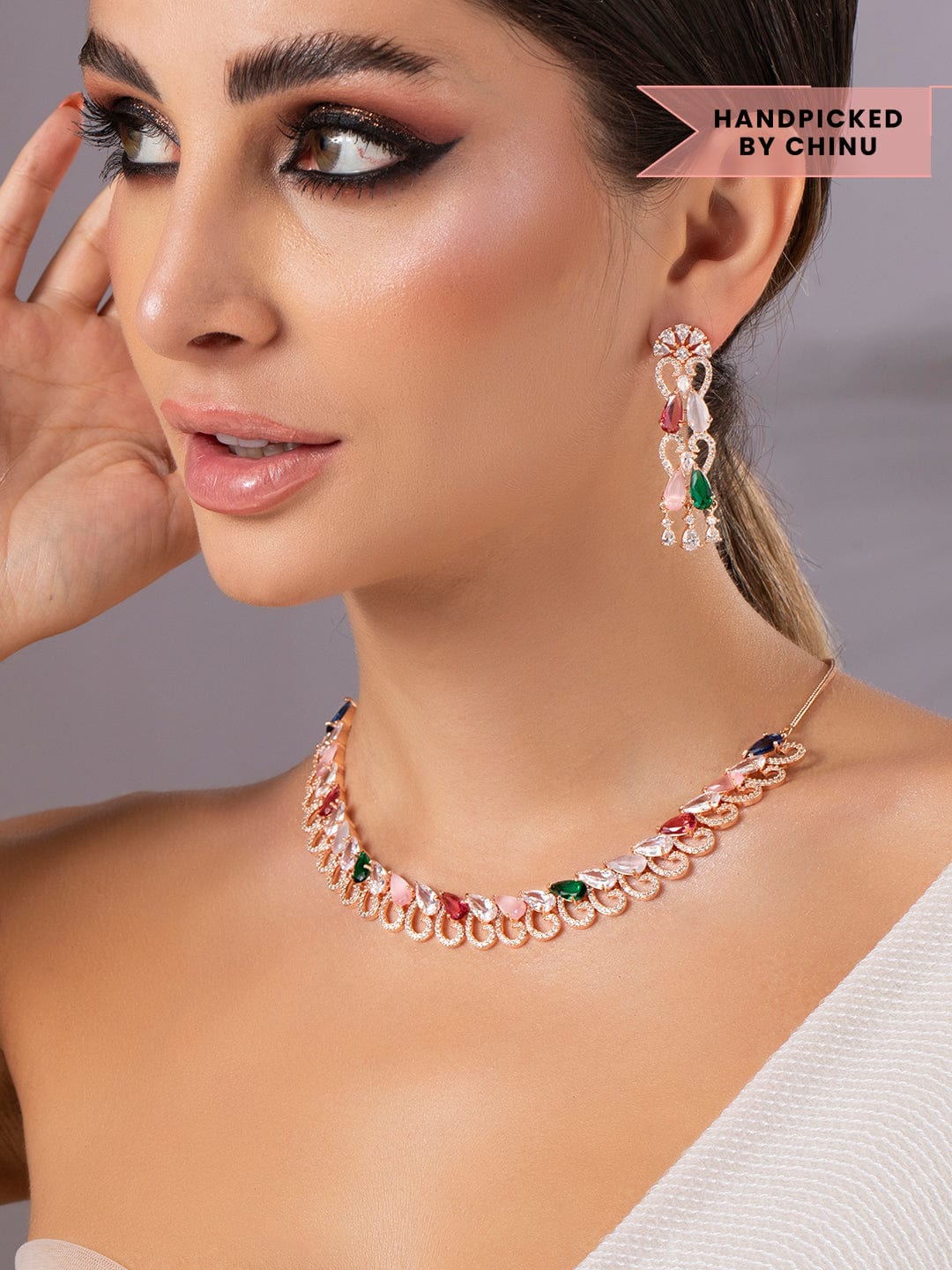 Rubans 24K Rose gold plated Diamonds and multi coloured stone studded Necklace set Earrings