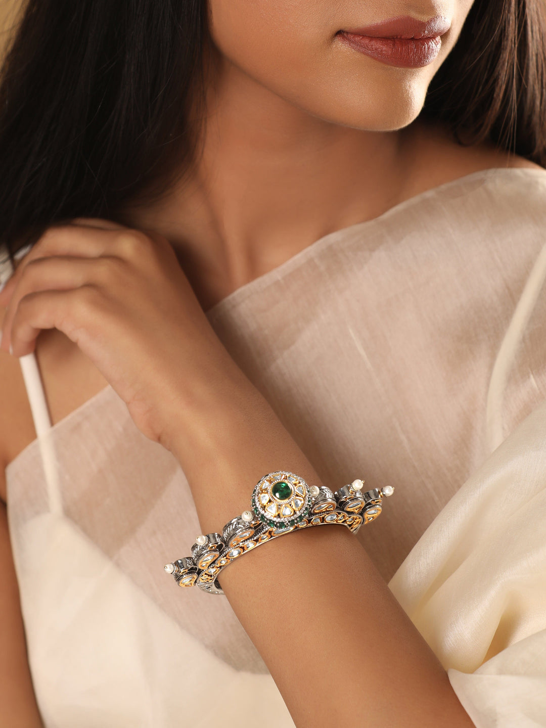 Rubans Antique Gold Plated Brilliant Cut Zirconia, Emerald Green Doublet Vintage Royal Bracelet Bracelets