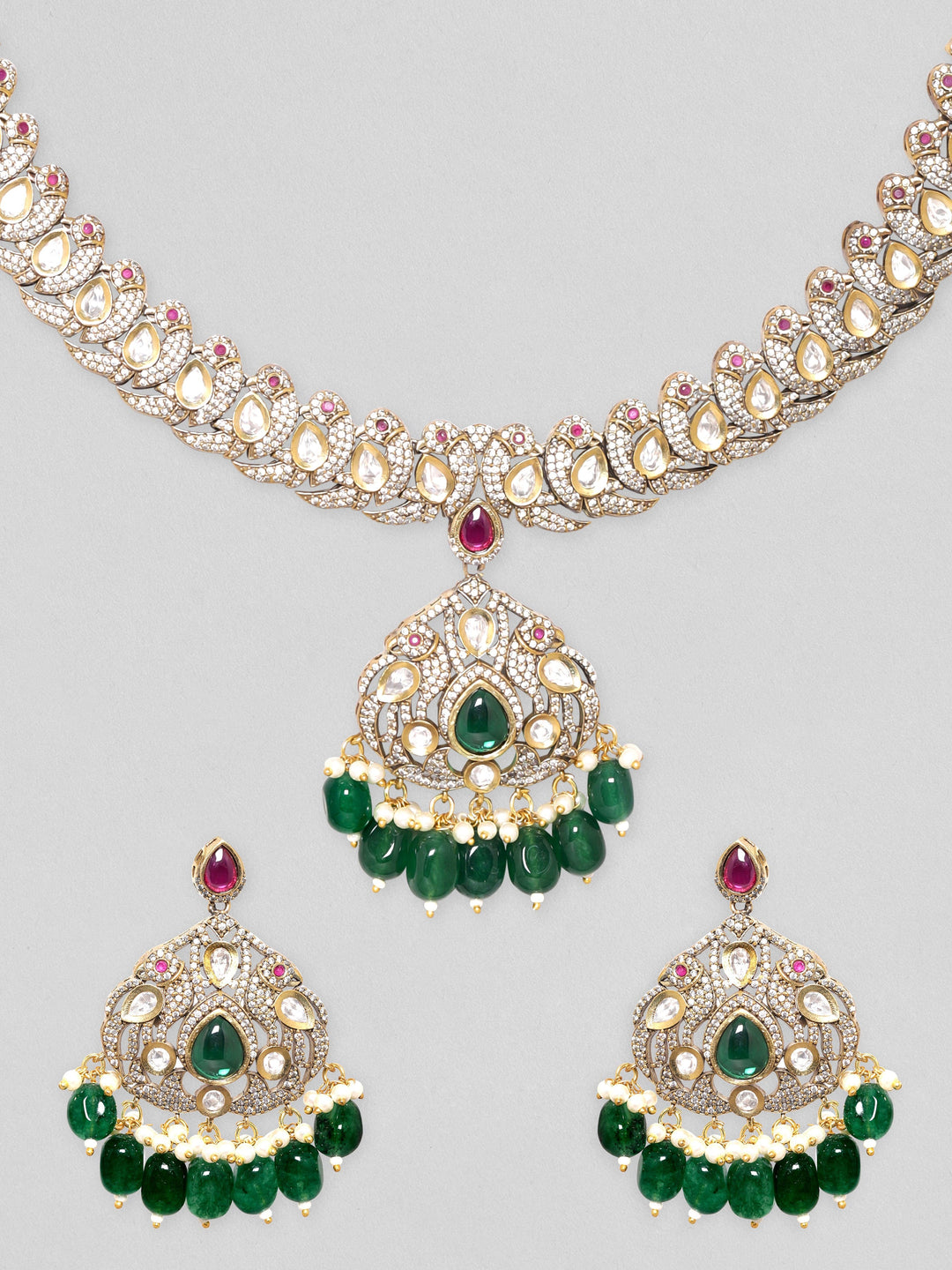 Rubans Antique Gold Plated Brilliant Cut Zirconia, Green Beaded Vintage Royal Necklace Set Necklace Set