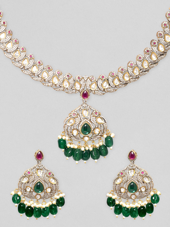 Rubans Antique Gold Plated Brilliant Cut Zirconia, Green Beaded Vintage Royal Necklace Set Necklace Set