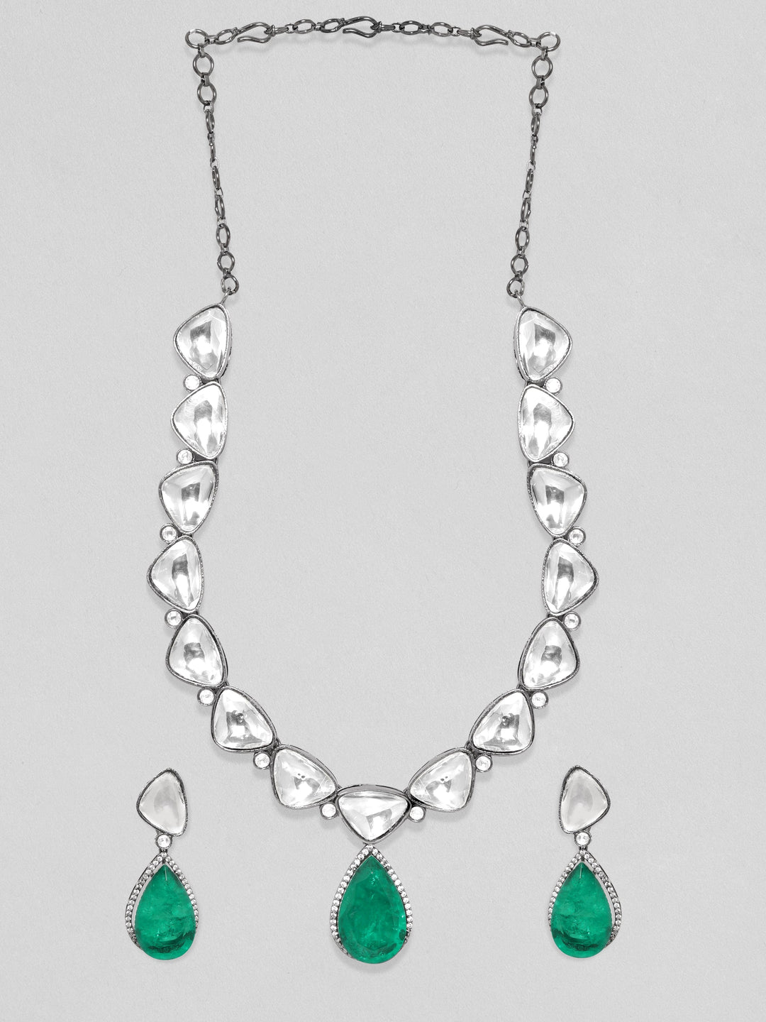 Rubans Antique Gold Plated Brilliant Cut Zirconia & Kundan, Emerald Green Doublet Vintage Royal Necklace Set Earrings