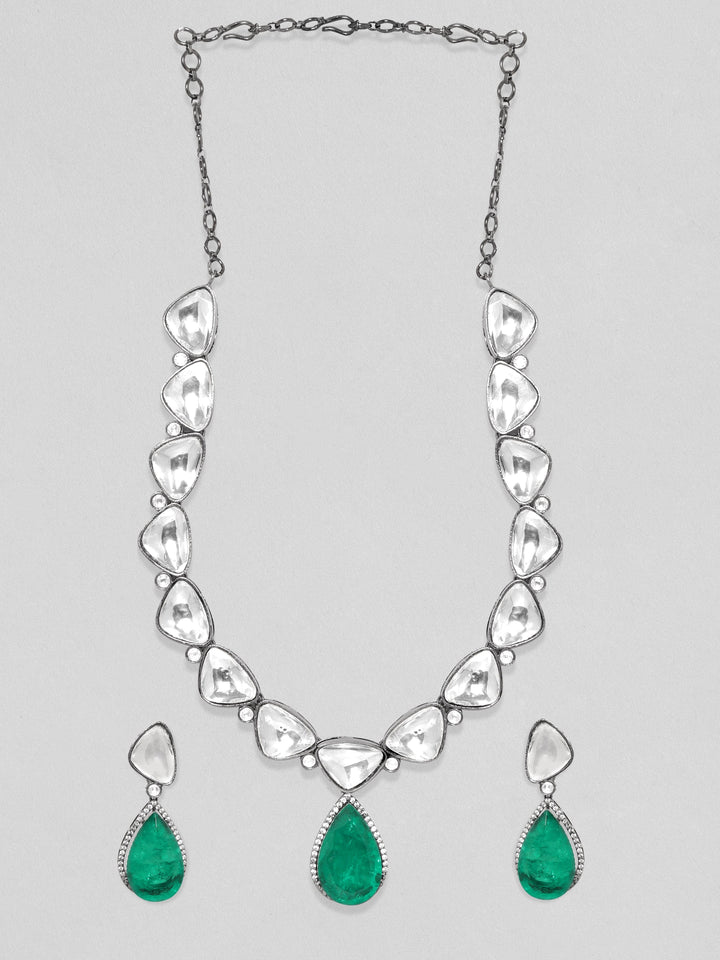 Rubans Antique Gold Plated Brilliant Cut Zirconia & Kundan, Emerald Green Doublet Vintage Royal Necklace Set Earrings