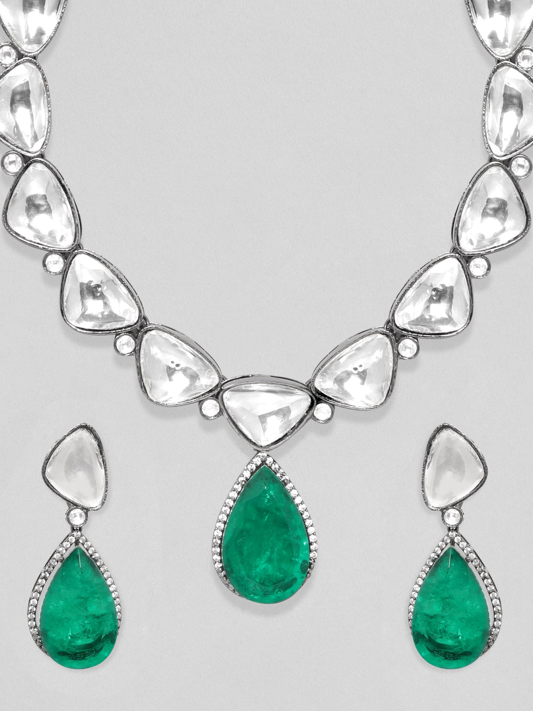 Rubans Antique Gold Plated Brilliant Cut Zirconia & Kundan, Emerald Green Doublet Vintage Royal Necklace Set Earrings