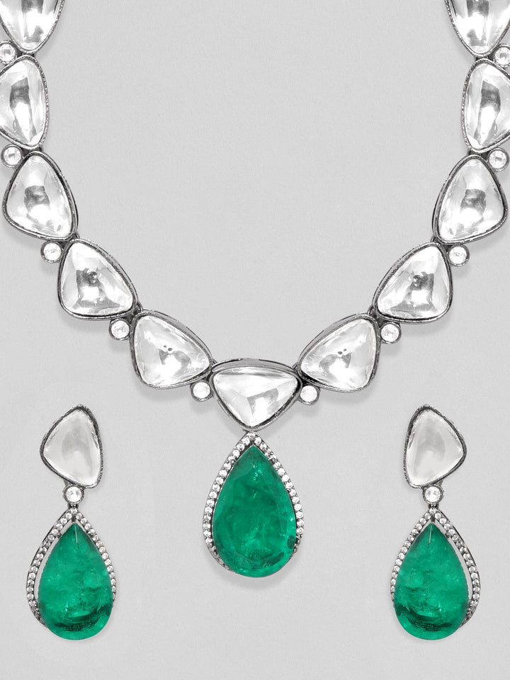 Rubans Antique Gold Plated Brilliant Cut Zirconia & Kundan, Emerald Green Doublet Vintage Royal Necklace Set Earrings