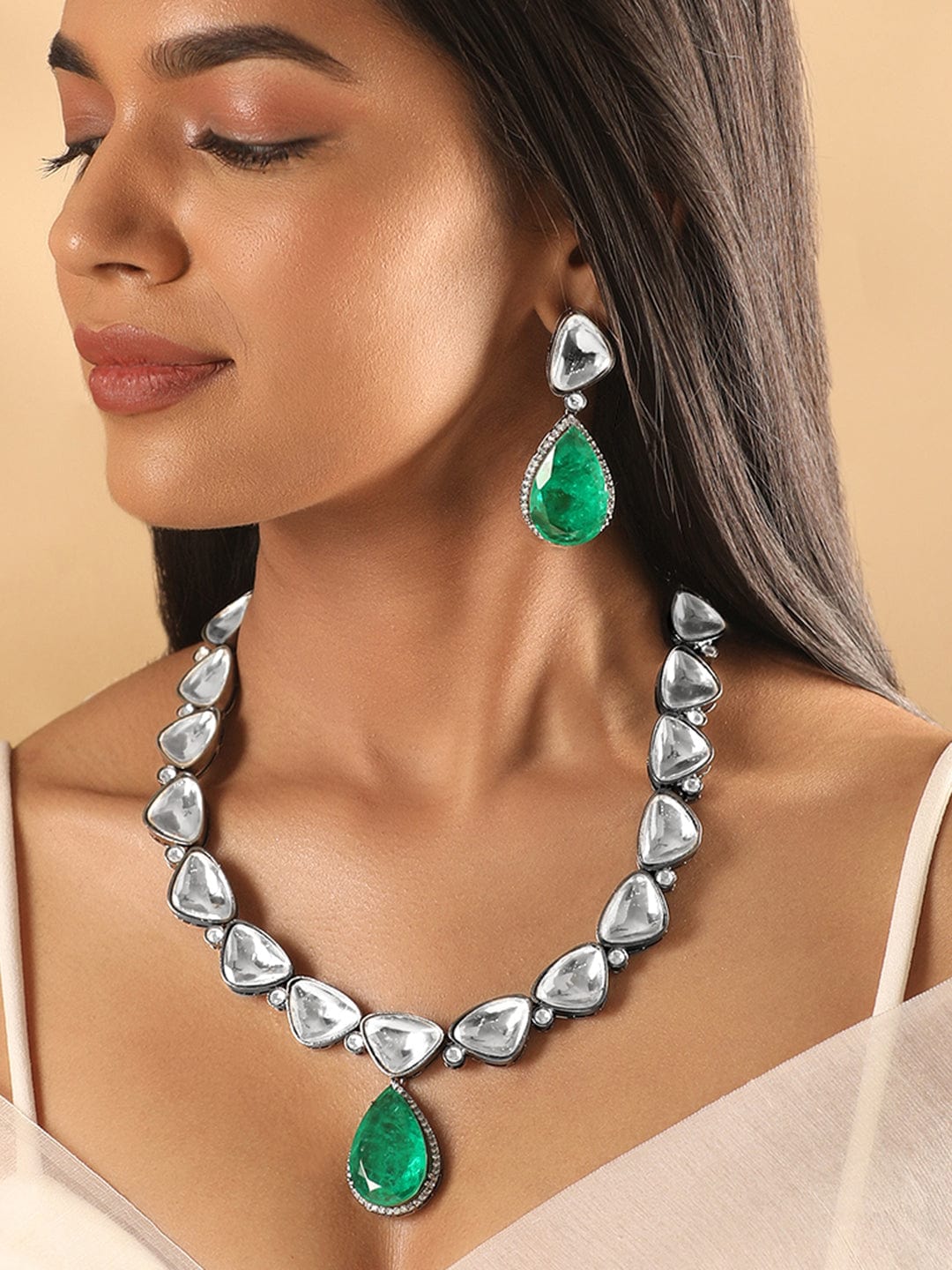 Rubans Antique Gold Plated Brilliant Cut Zirconia & Kundan, Emerald Green Doublet Vintage Royal Necklace Set Earrings