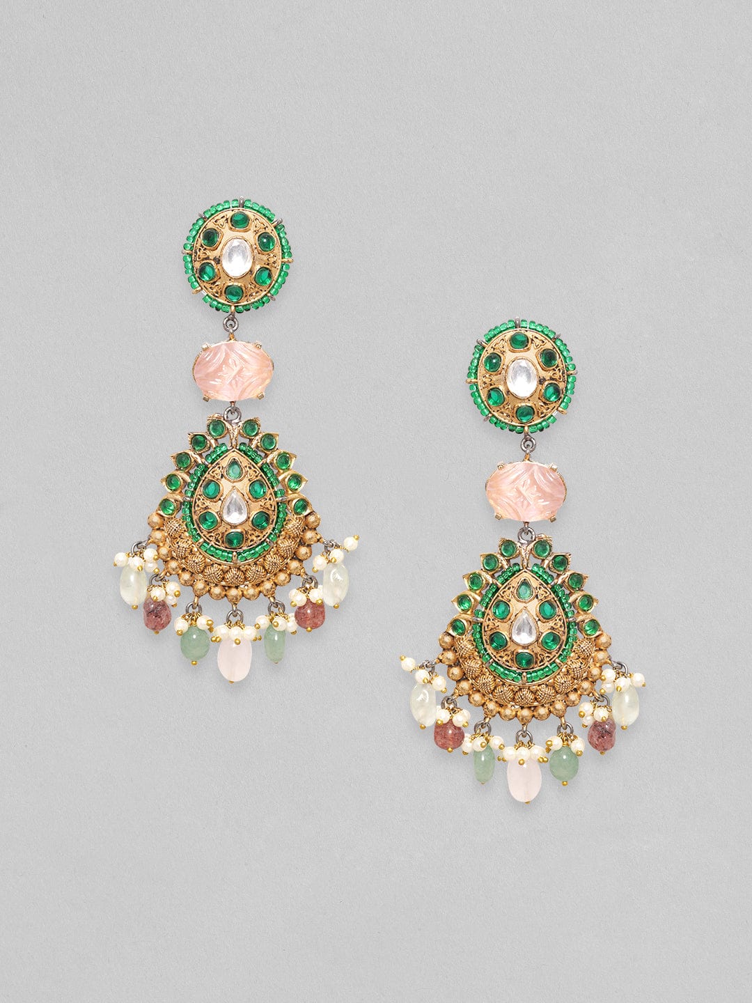 Rubans Antique Gold Plated Brilliant Cut Zirconia & Kundan, Faux Multicolour Gemstone Vintage Royal Chandelier Set Earrings