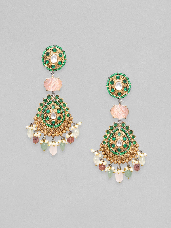 Rubans Antique Gold Plated Brilliant Cut Zirconia & Kundan, Faux Multicolour Gemstone Vintage Royal Chandelier Set Earrings