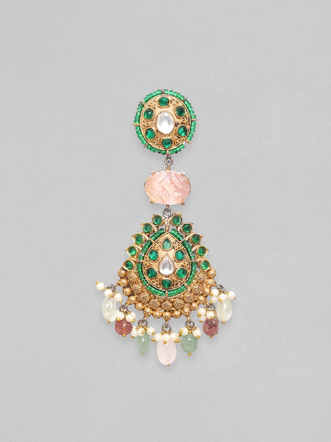Rubans Antique Gold Plated Brilliant Cut Zirconia & Kundan, Faux Multicolour Gemstone Vintage Royal Chandelier Set Earrings
