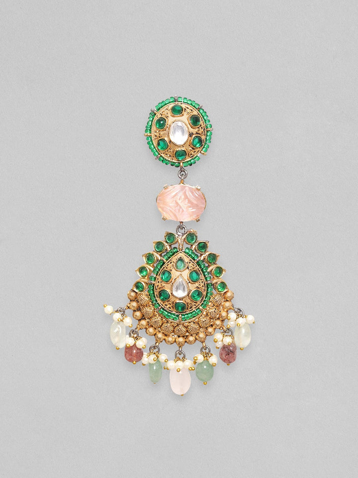 Rubans Antique Gold Plated Brilliant Cut Zirconia & Kundan, Faux Multicolour Gemstone Vintage Royal Chandelier Set Earrings