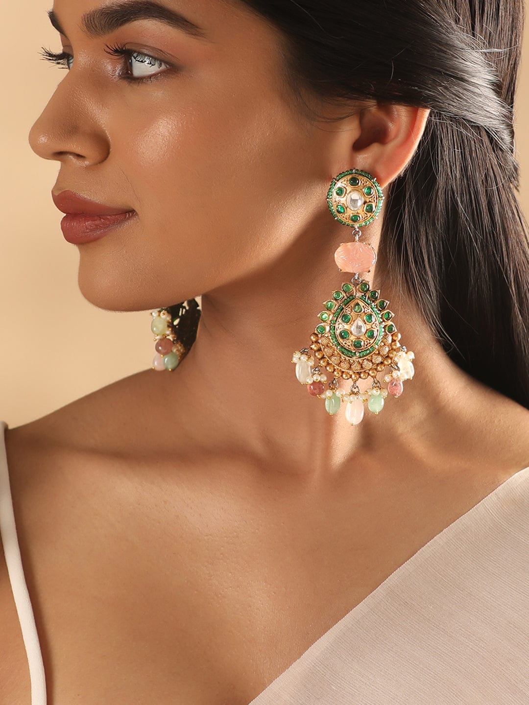 Rubans Antique Gold Plated Brilliant Cut Zirconia & Kundan, Faux Multicolour Gemstone Vintage Royal Chandelier Set Earrings