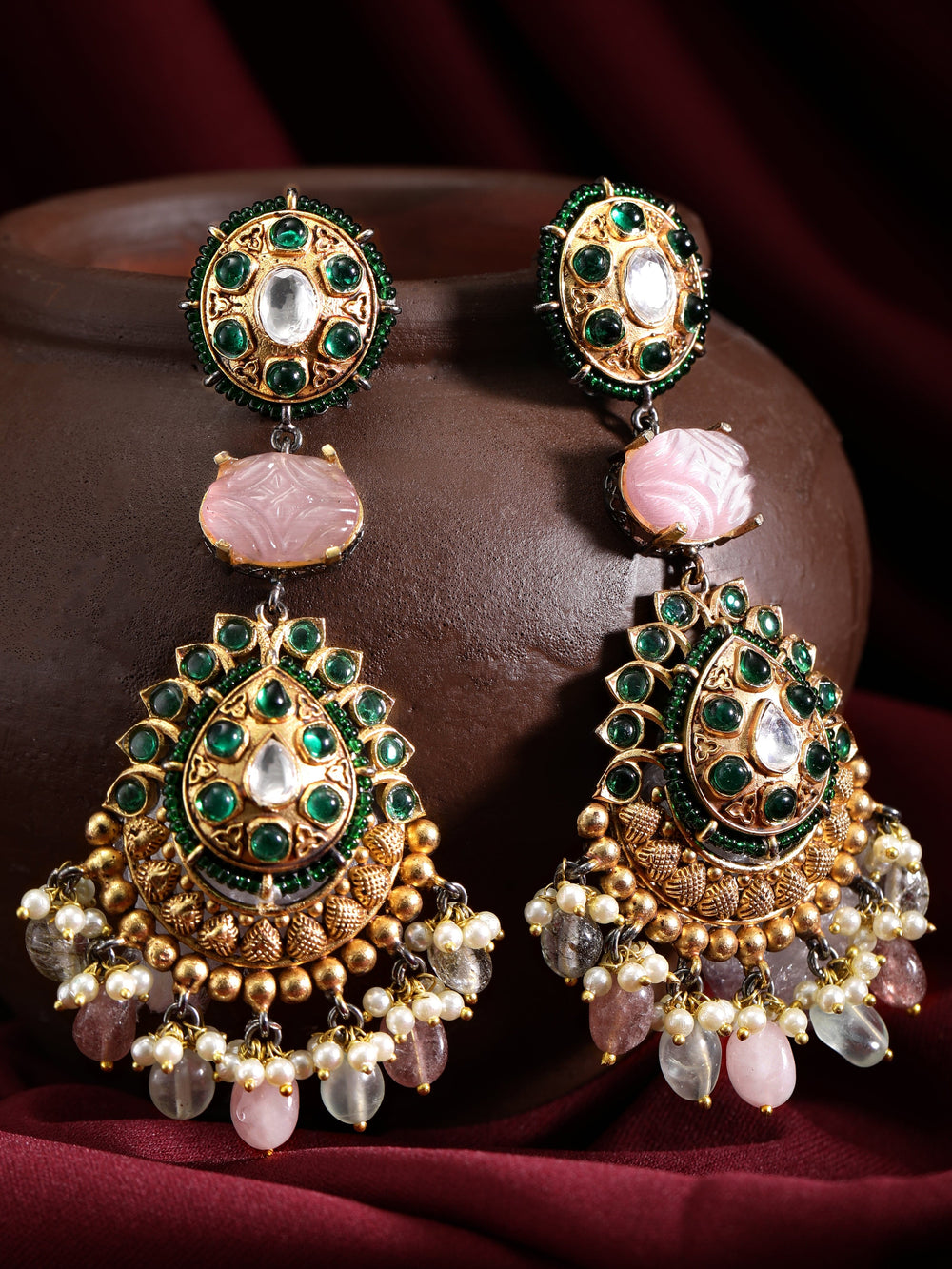 Rubans Antique Gold Plated Brilliant Cut Zirconia & Kundan, Faux Multicolour Gemstone Vintage Royal Chandelier Set Earrings