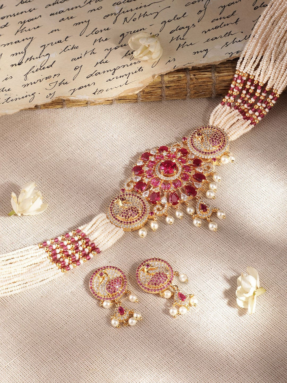 Rubans Blushing Elegance: White Beaded Pink Stone AD Necklace Set Jewellery Sets