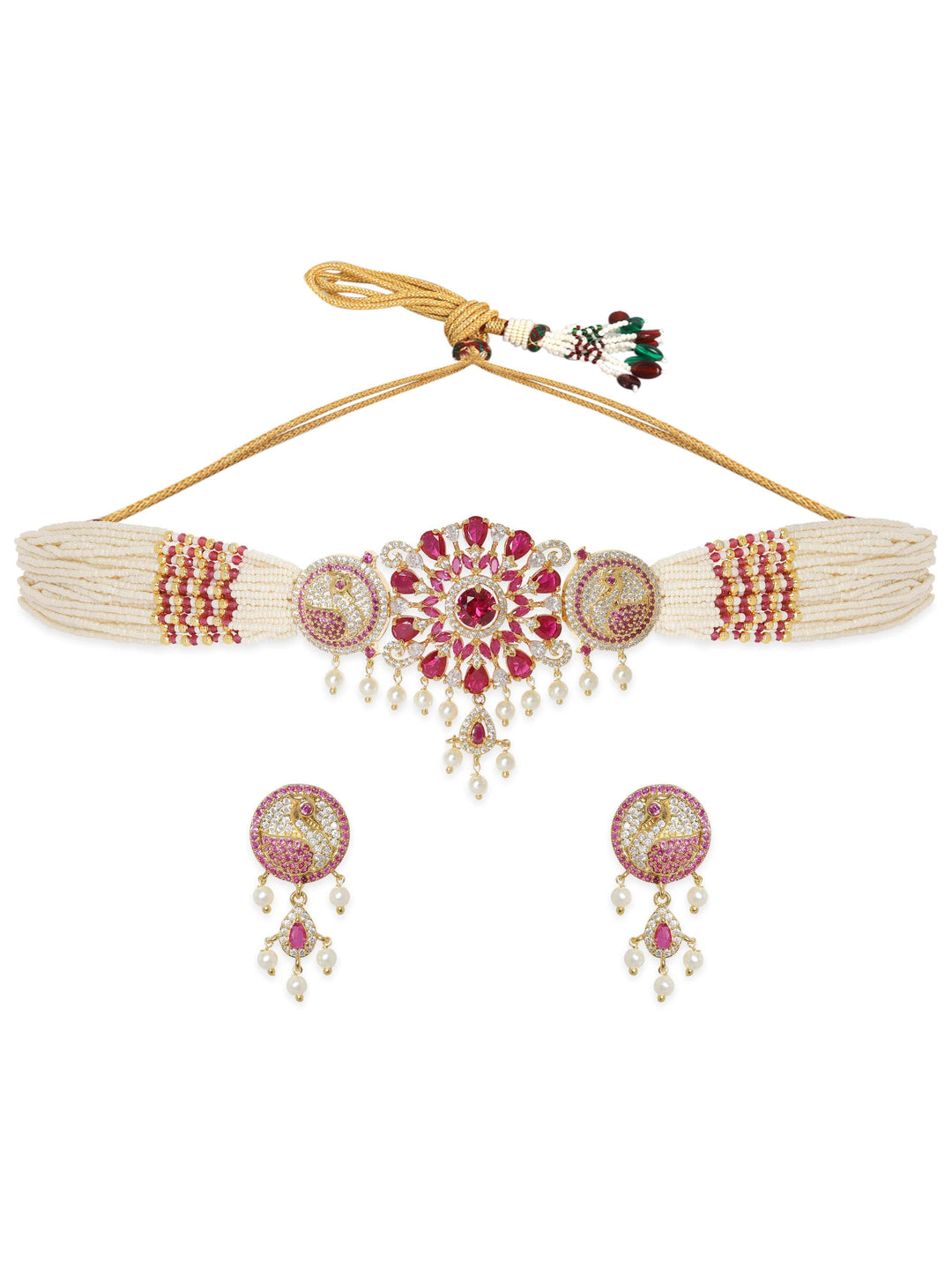 Rubans Blushing Elegance: White Beaded Pink Stone AD Necklace Set Jewellery Sets