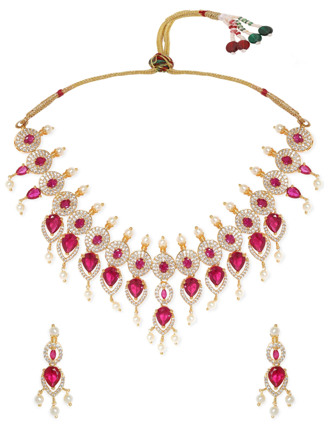 Rubans Blushing Elegance: White Beaded Pink Stone AD Necklace Set Jewellery Sets