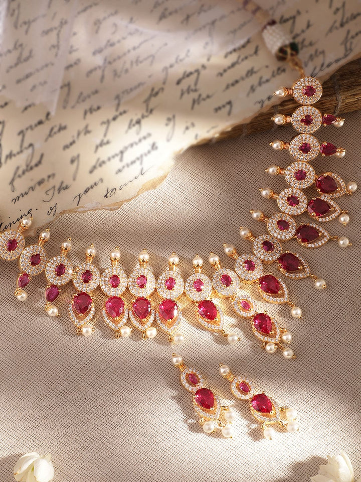 Rubans Blushing Elegance: White Beaded Pink Stone AD Necklace Set Jewellery Sets