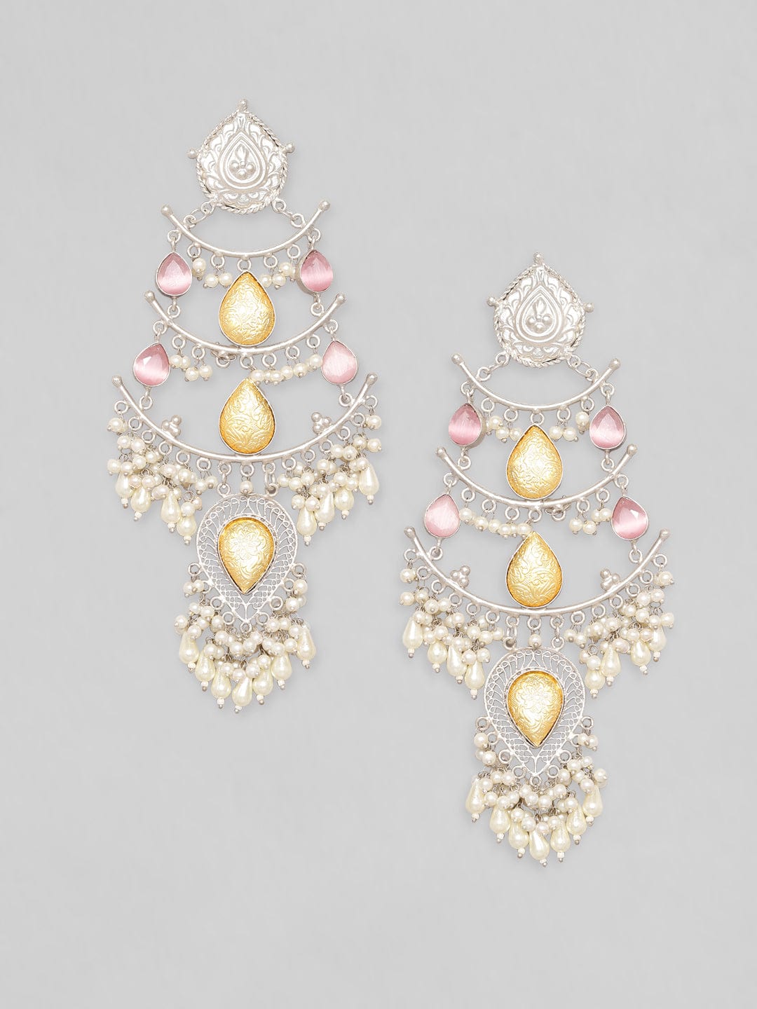 Rubans Dual Tone Oxidised Earrings With Studded Pink Stone And Beads Earrings