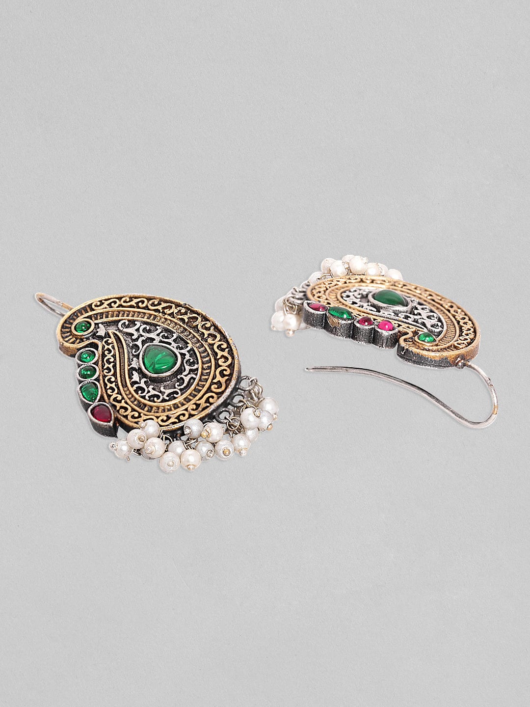 Rubans Dual Toned Drop Earrings With Indian Motif And Studded Emerald Stones Earrings