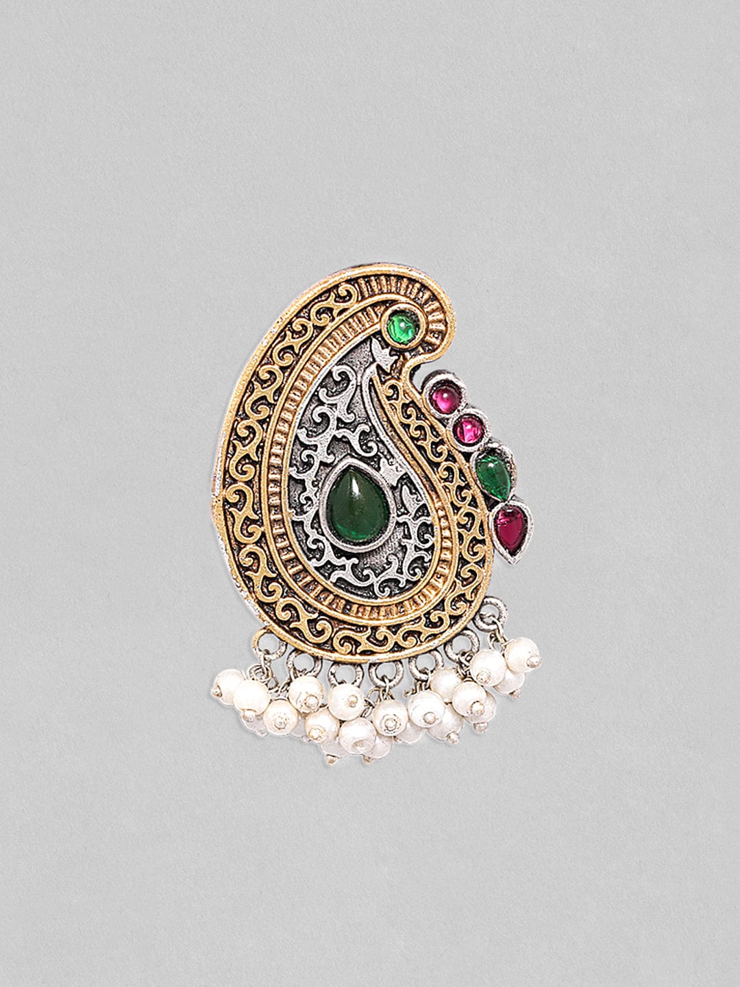 Rubans Dual Toned Drop Earrings With Indian Motif And Studded Emerald Stones Earrings