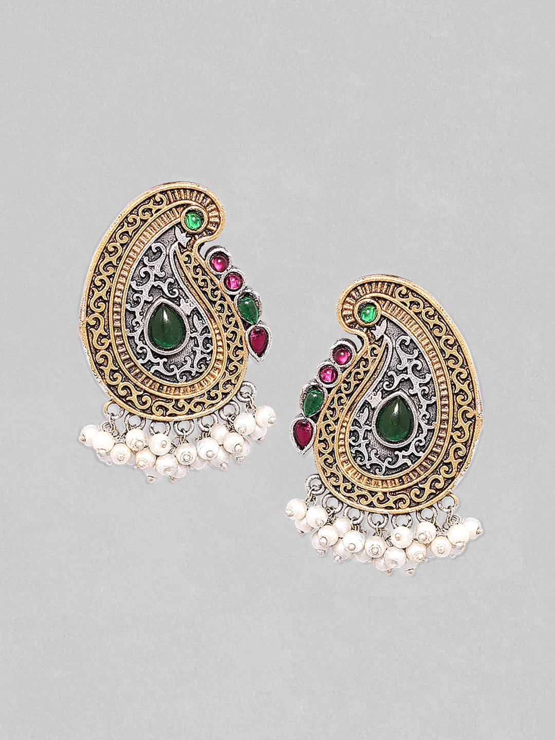 Rubans Dual Toned Drop Earrings With Indian Motif And Studded Emerald Stones Earrings