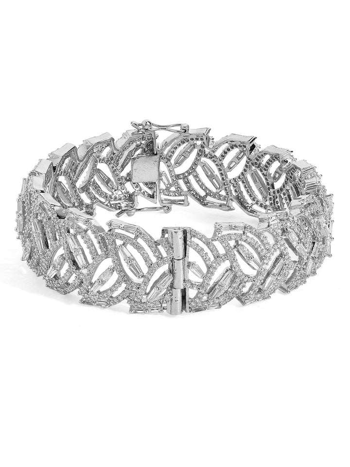 Rubans Elegant Rhodium-Plated Leaf Motif with Zirconia Accents Bracelet Bangles & Bracelets