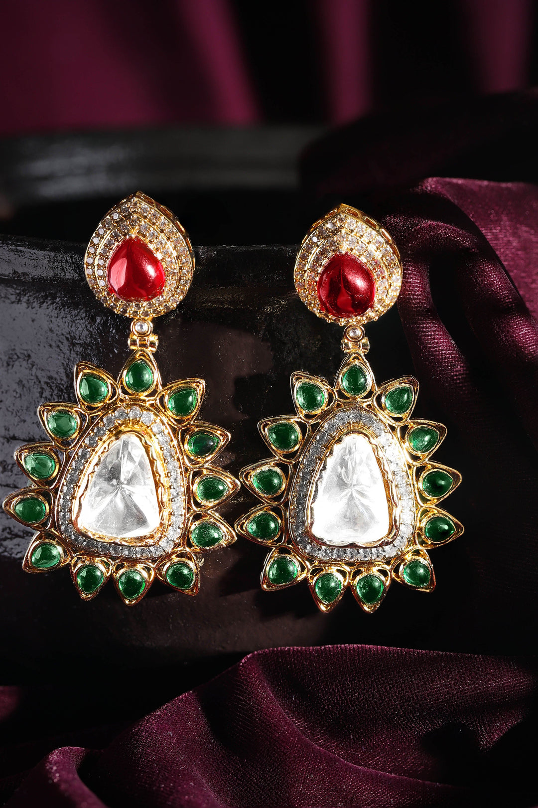 Rubans Exquisite Gold Tone Multicolor Kundan and AD Dangle Earrings Earrings