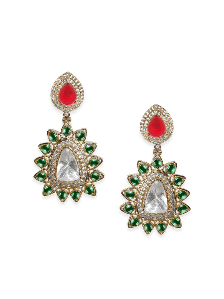 Rubans Exquisite Gold Tone Multicolor Kundan and AD Dangle Earrings Earrings