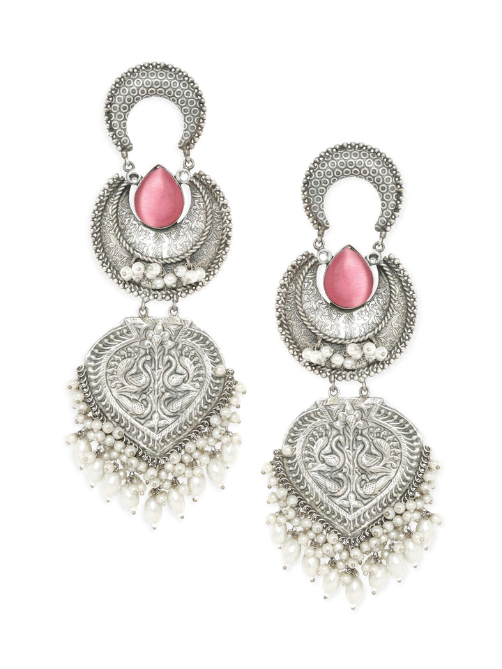 Rubans Exquisite Silver & Pink Stone Oxidized Shoulder Duster Earrings Earrings