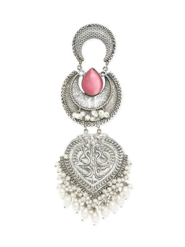 Rubans Exquisite Silver & Pink Stone Oxidized Shoulder Duster Earrings Earrings