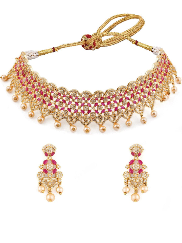 Rubans Finely Handcrafted Gold Plated CZ and Faux Ruby And Pearl Studded Statement Choker Necklace Set Necklace Set