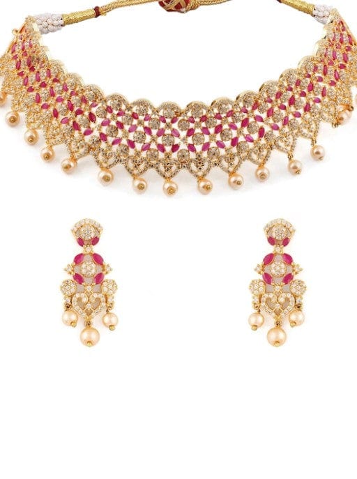 Rubans Finely Handcrafted Gold Plated CZ and Faux Ruby And Pearl Studded Statement Choker Necklace Set Necklace Set