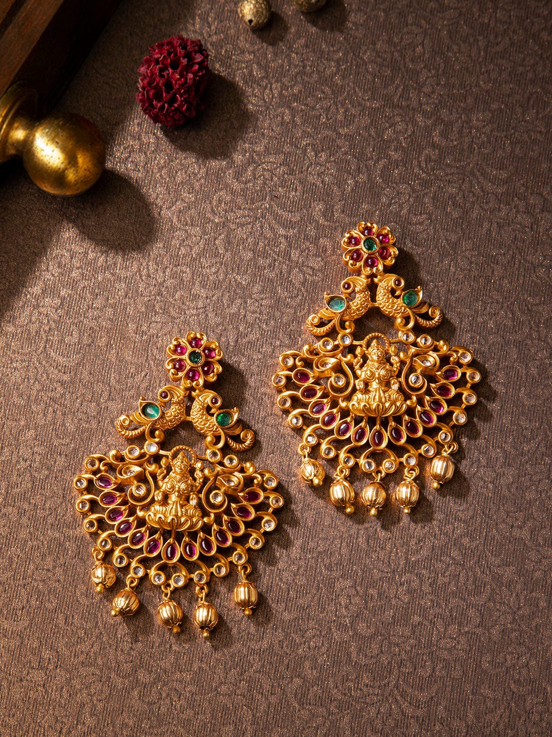 Rubans Finely Handcrafted Gold Plated CZ And Ruby Studded Chandbali Earrings Earrings