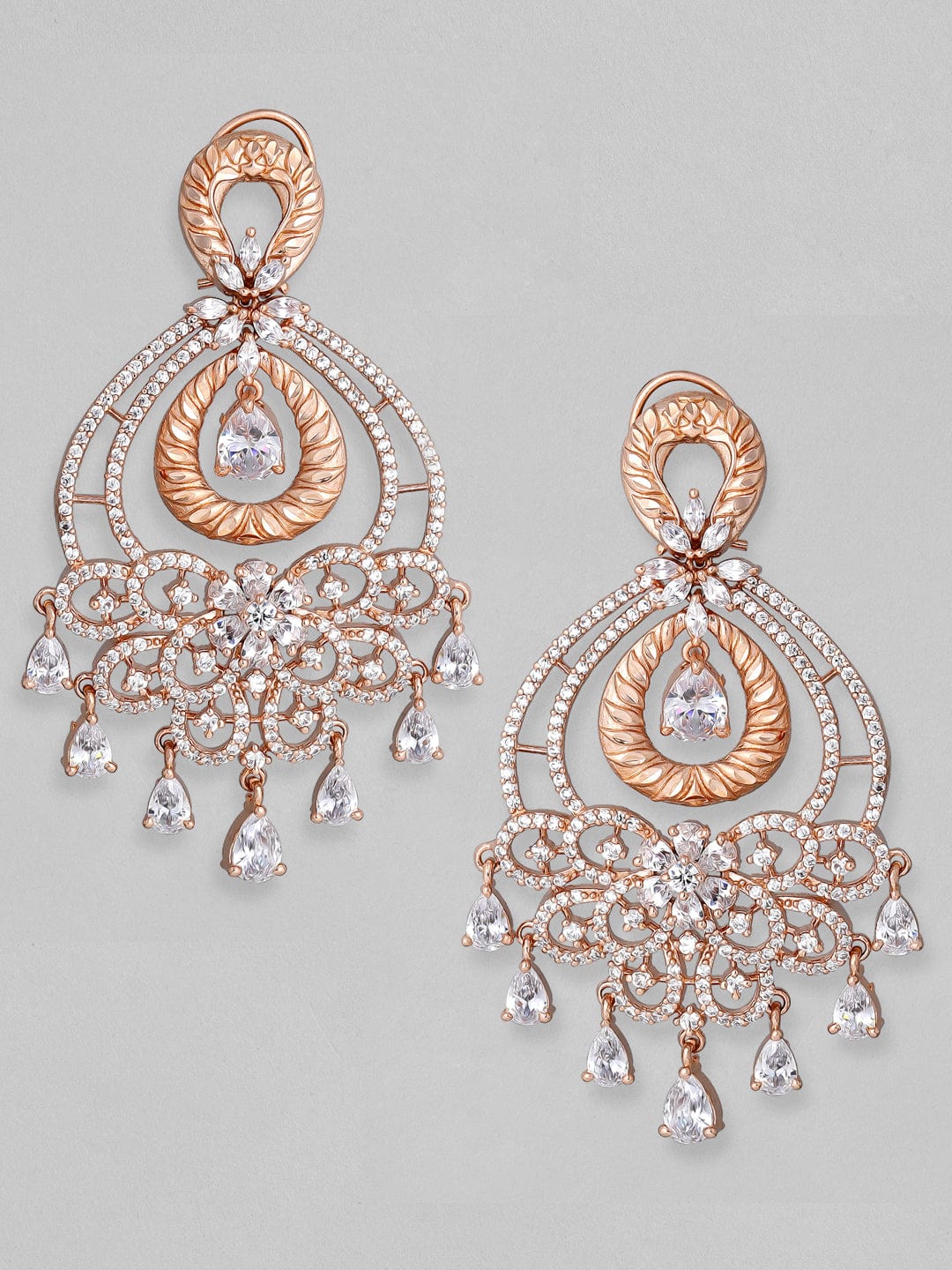 Rubans Floral Zircon Studded Handcrafted Rose Gold Plated Chandbali Earrings Earrings