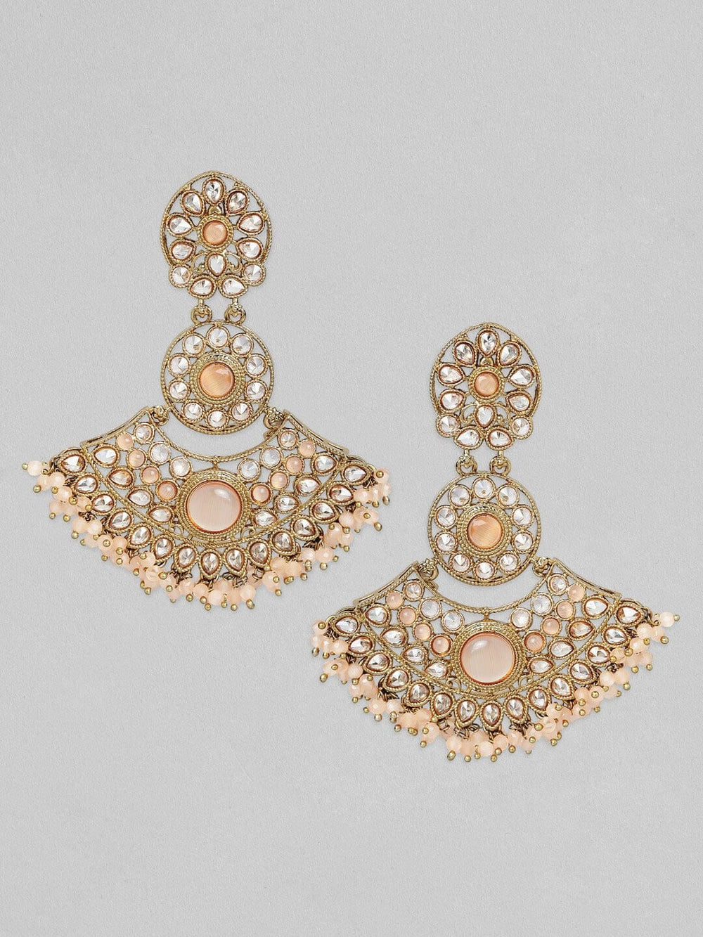 Rubans Gold Plated AD Studded Peach Colour Chandbali Earrings Earrings