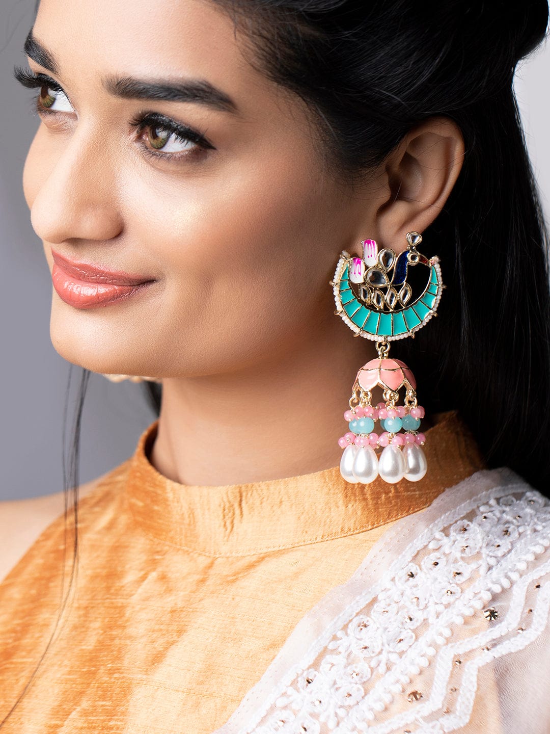 Rubans Gold Plated Chandbali Earrings With Pink And Green Enamel And Pearls. Earrings