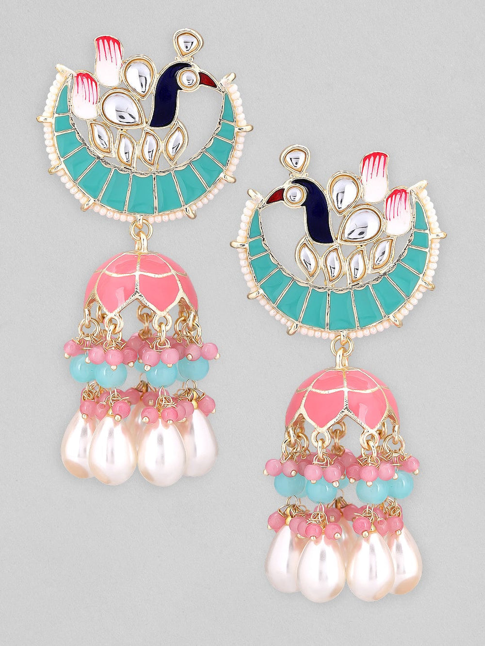 Rubans Gold Plated Chandbali Earrings With Pink And Green Enamel And Pearls. Earrings