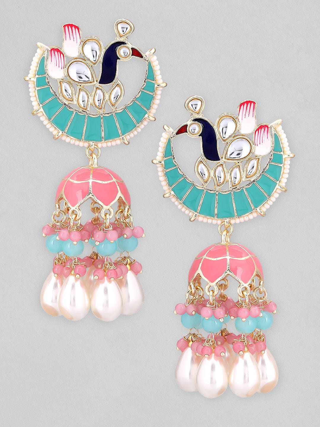 Rubans Gold Plated Chandbali Earrings With Pink And Green Enamel And Pearls. Earrings