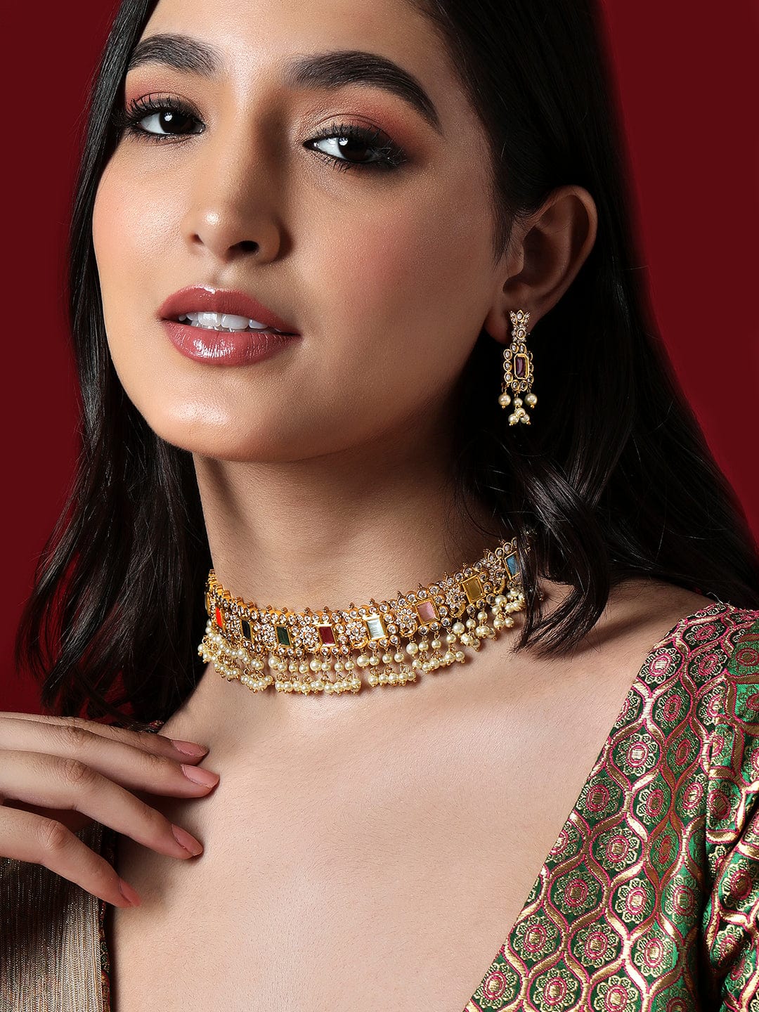 Rubans Gold Plated Choker Set With Multicolour Stones And White Beads. Necklace Set