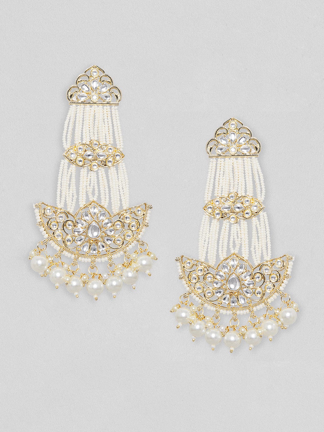 Rubans Gold Plated Classic Kundan Chandbali With White Beads. Earrings