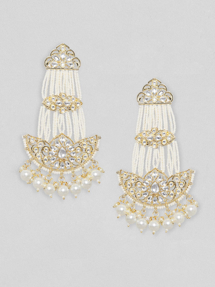 Rubans Gold Plated Classic Kundan Chandbali With White Beads. Earrings