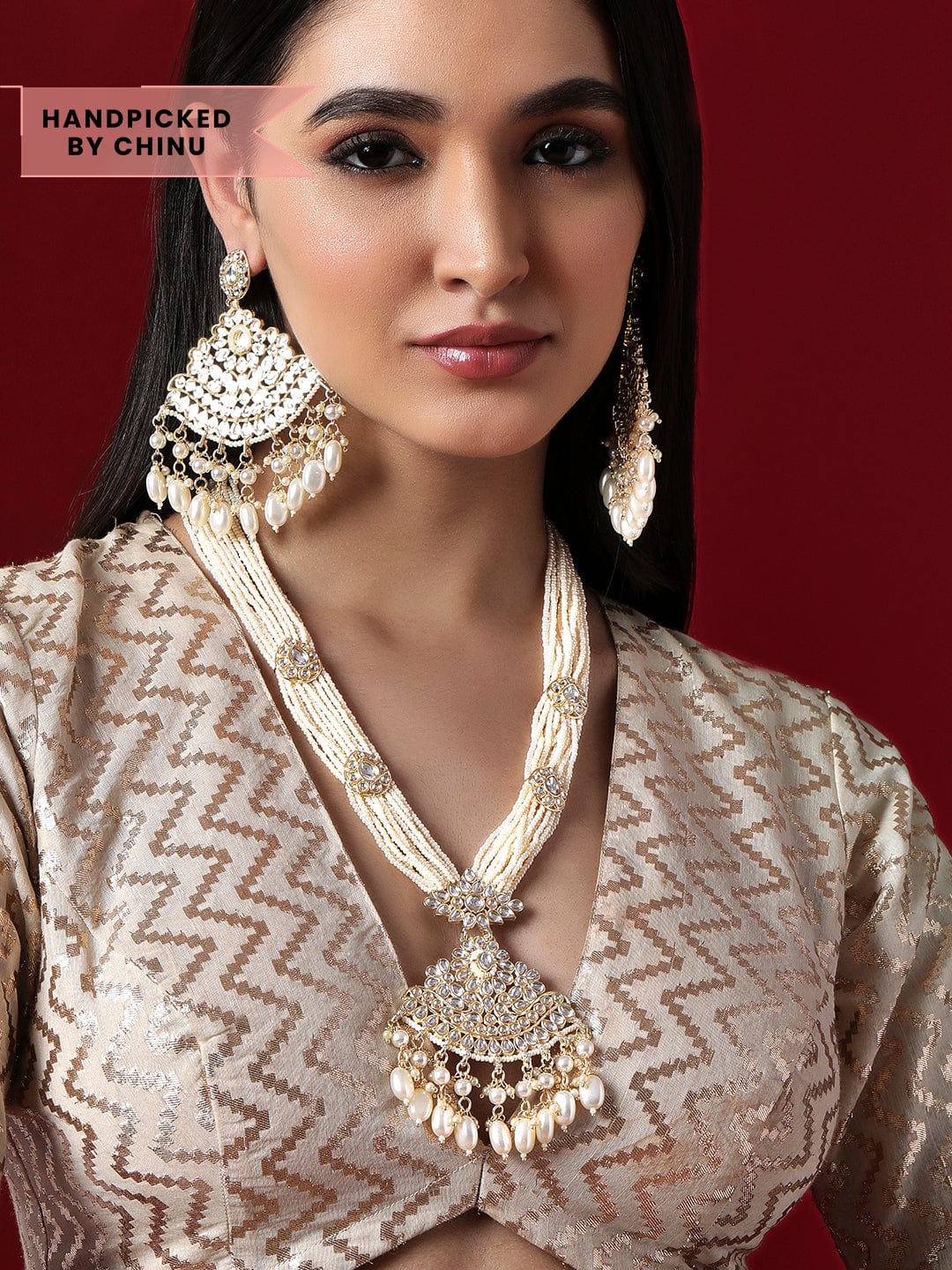 Rubans Gold Plated Classic Kundan Necklace Set With White Beads. Necklace Set