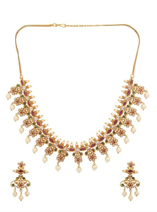 Rubans Gold Plated CZ Studded Floral Temple Jewellery Set Necklace Set