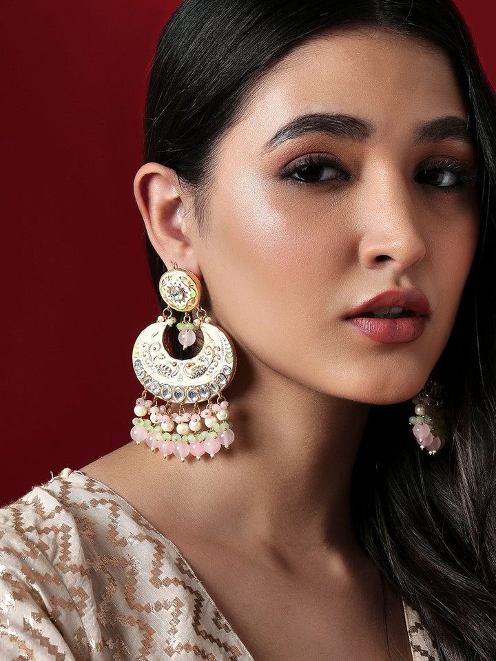 Rubans Gold Plated Enamelled Kundan Chandbali With Pastel Colour Beads Earrings