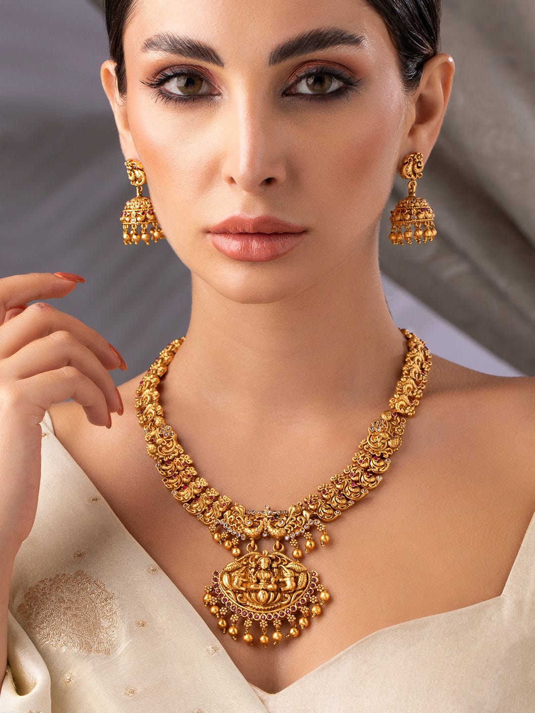 Rubans Gold Plated Godess Laxmi Pendant Necklace Set. Necklace Set