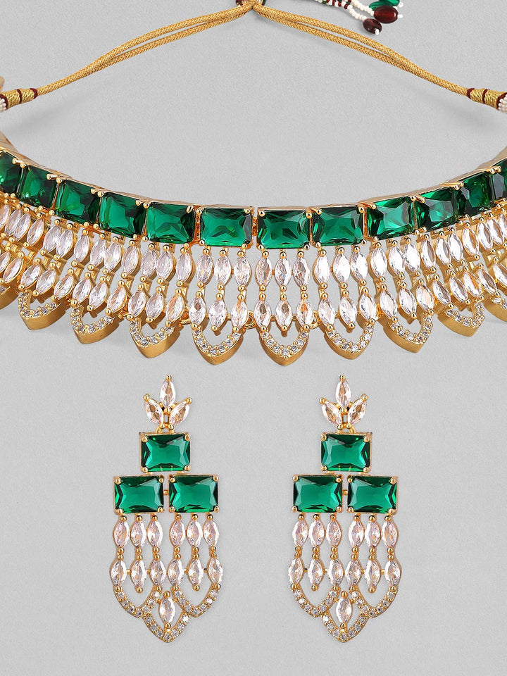 Rubans Gold Plated Green & White Stone Studded American Diamond Necklace Set. Necklace Set