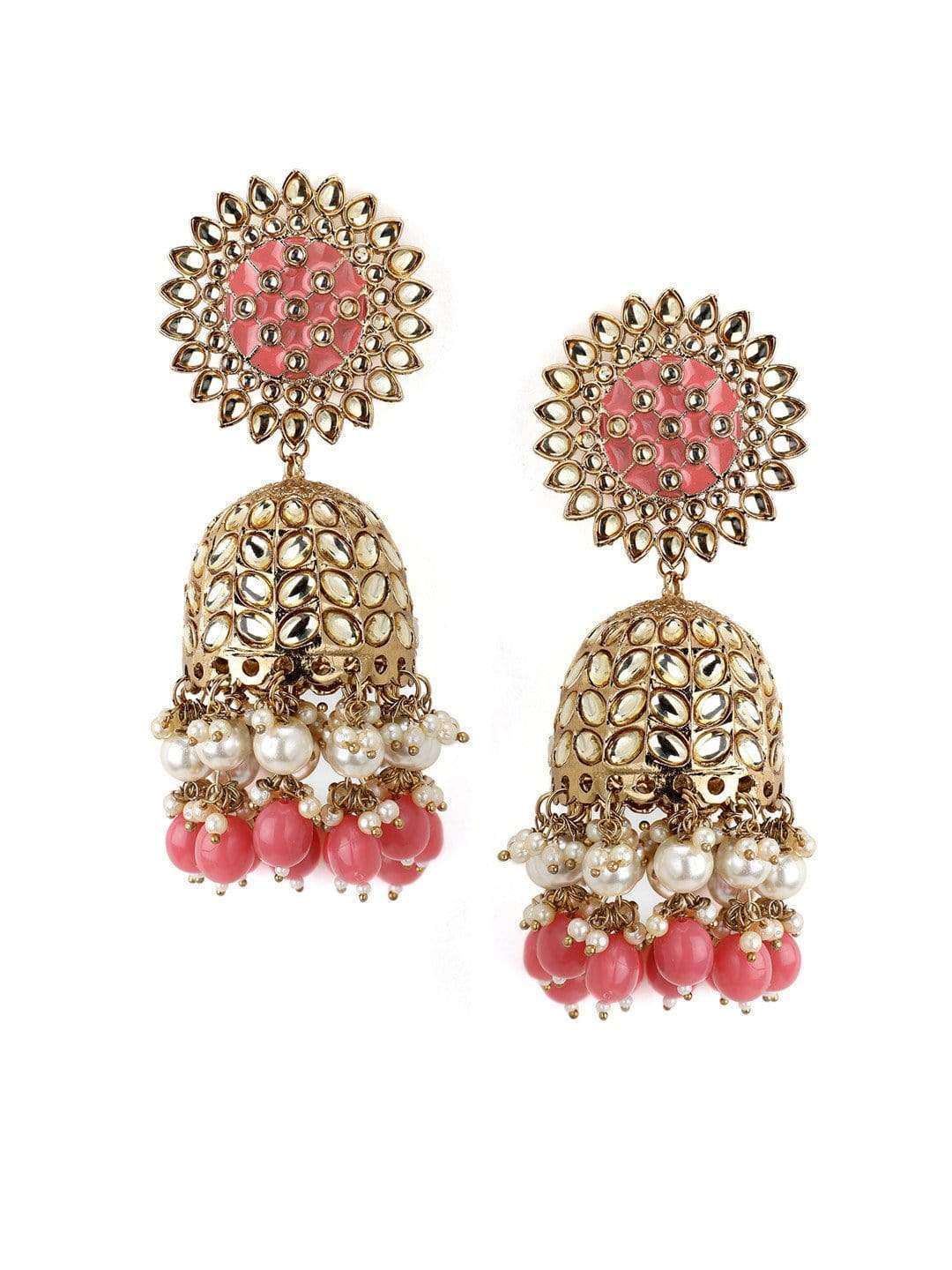 Rubans Gold Plated Handcrafted Enamel Embellished Kundan Jhumka Earrings Earrings