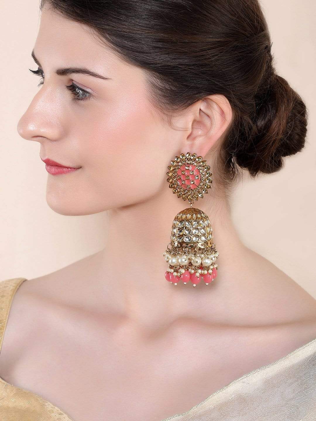 Rubans Gold Plated Handcrafted Enamel Embellished Kundan Jhumka Earrings Earrings