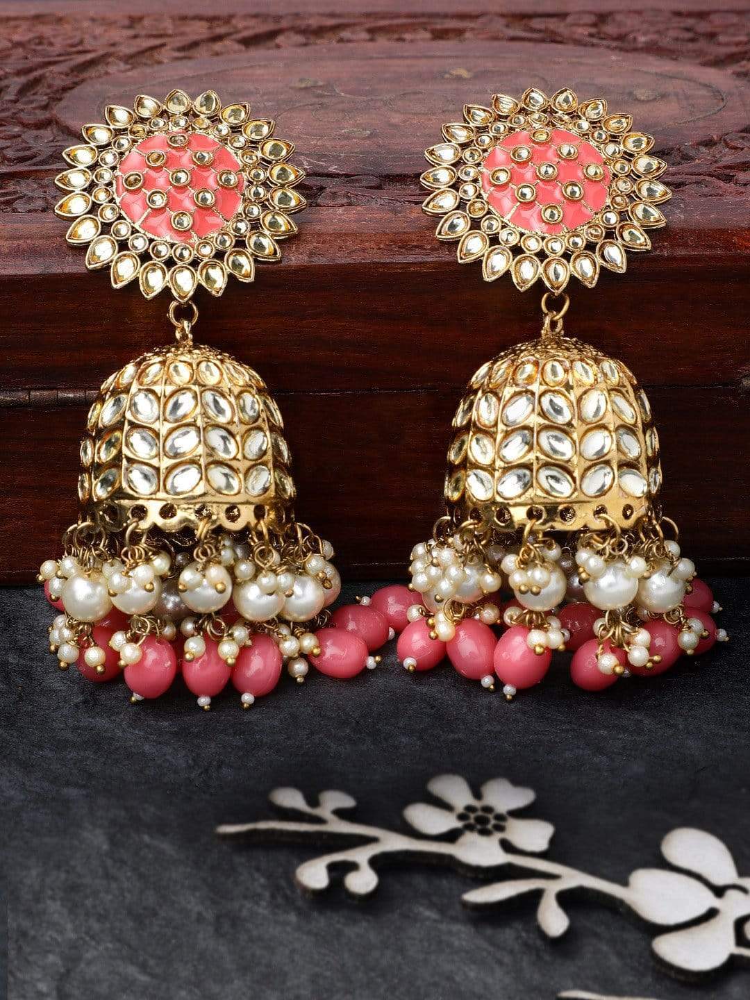 Rubans Gold Plated Handcrafted Enamel Embellished Kundan Jhumka Earrings Earrings