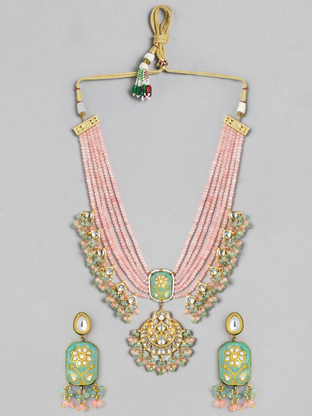 Rubans Gold Plated Handcrafted Enamel & Kundan Pink Beads Necklace Set Necklace Set