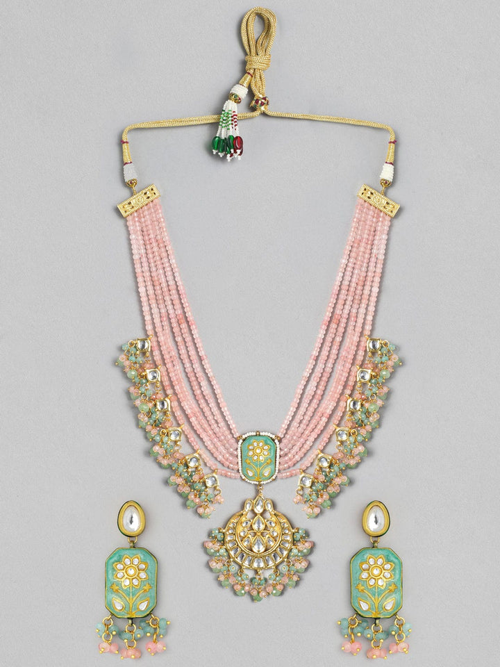 Rubans Gold Plated Handcrafted Enamel & Kundan Pink Beads Necklace Set Necklace Set