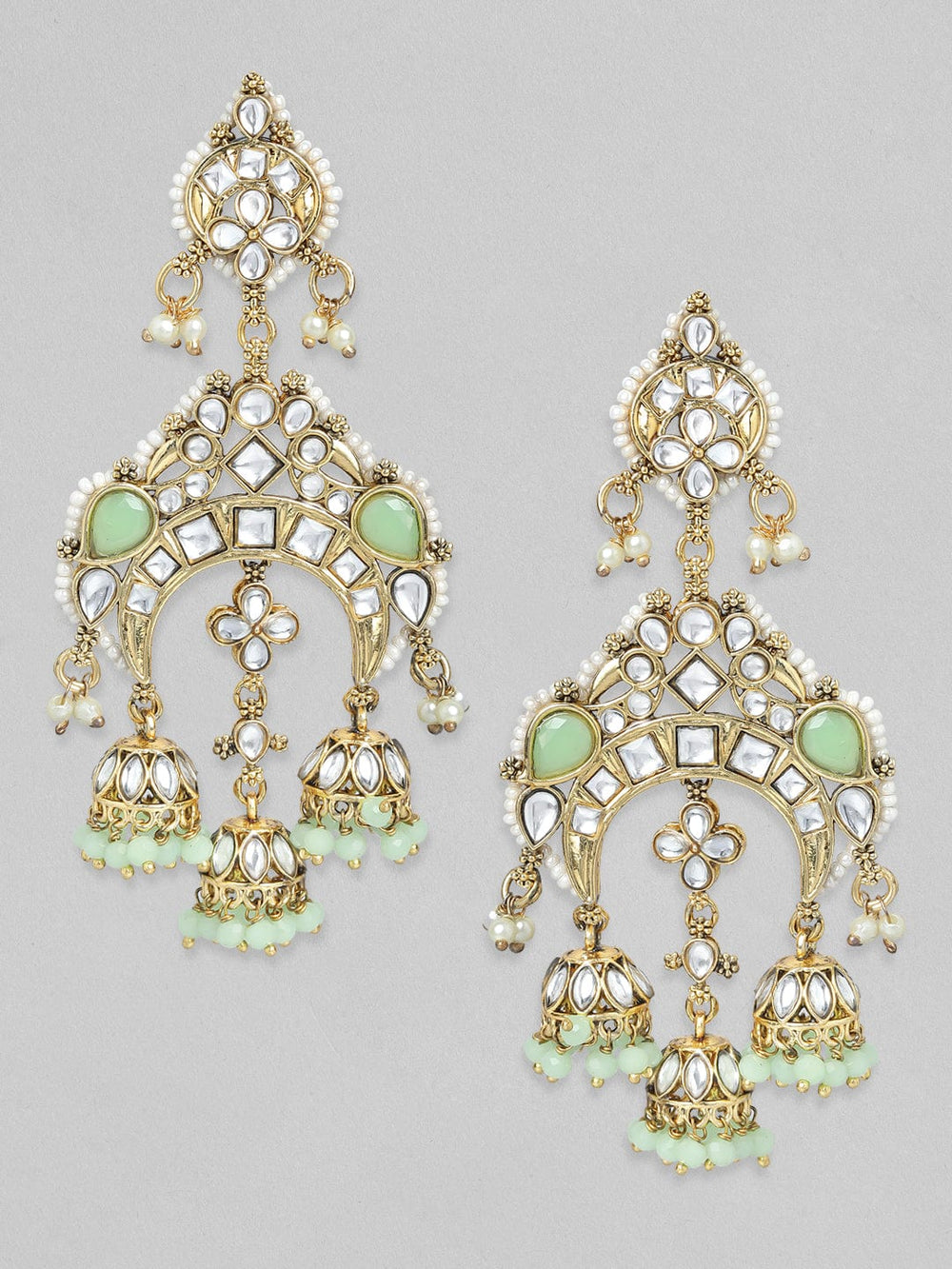 Rubans Gold Plated Handcrafted Green Beads and Studs Chandbali Earrings Earrings